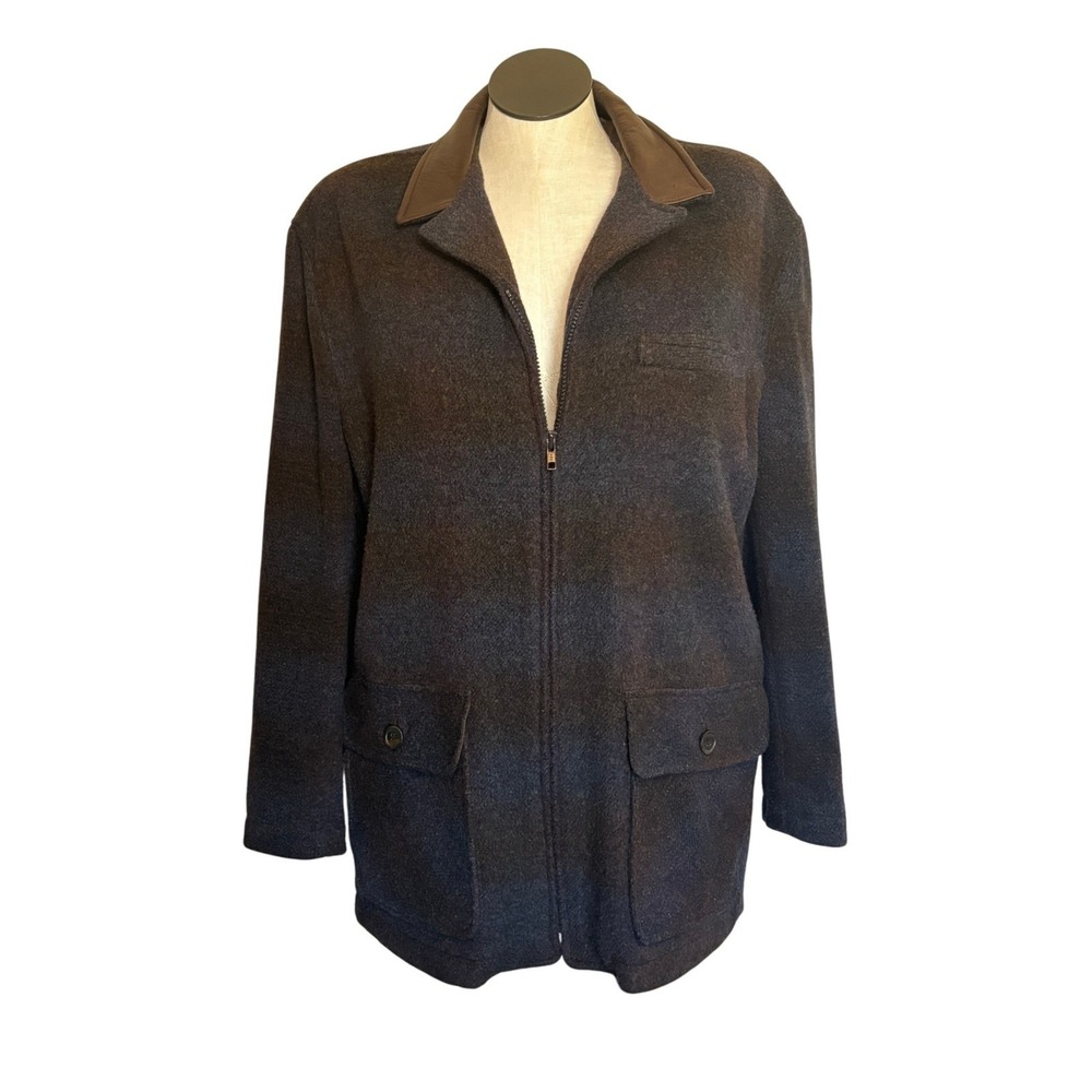J T Beckett Women's Wool Jacket Leather Collar Full Zip Front‎ Pockets Size L